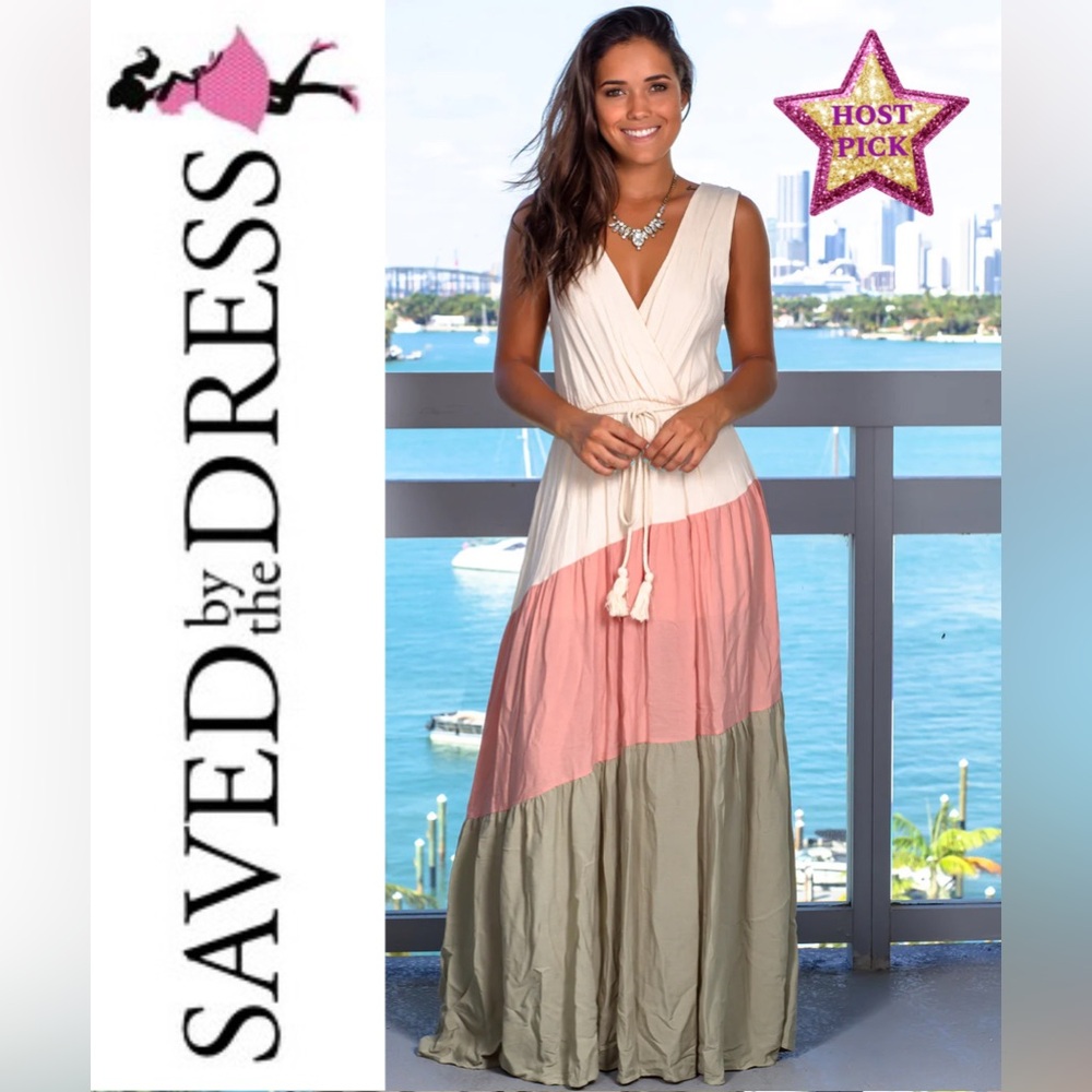 Saved by the Dress Colorblock Maxi Dress - Cream, Pink & Olive